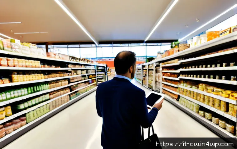 Home 13 실내 위치 추적 기술의 데이터 활용 사례 - Photorealistic modern Italian supermarket interior in Milan, wide clean aisle viewed from a slightly...