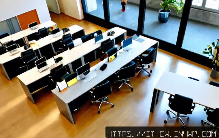 Home 15 실내 위치 추적 기술을 이용한 근무 환경 최적화 - Photorealistic modern Italian office in Milan, overhead view of a bright open workspace with diverse...